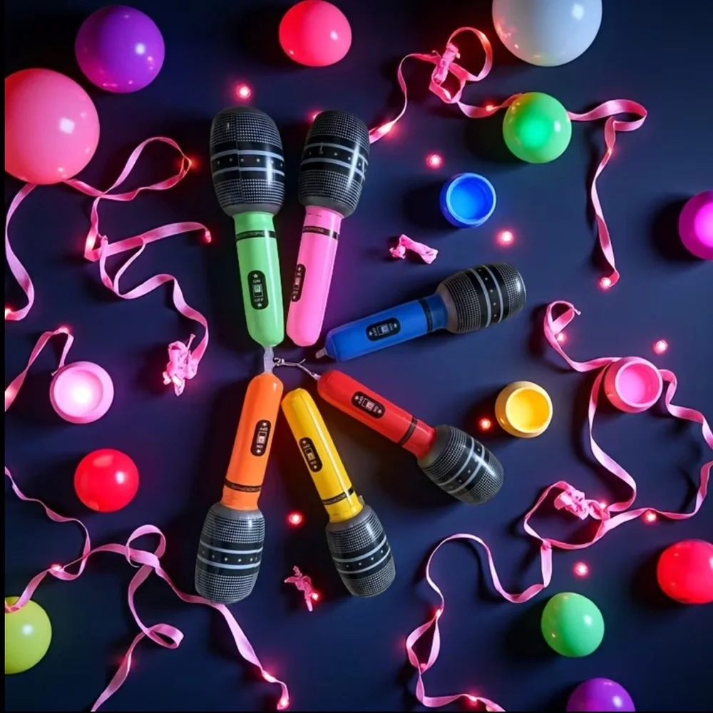6 Colorful Inflatable Toy Microphone Set Blowup Karaoke Mic Birthday Beach Party